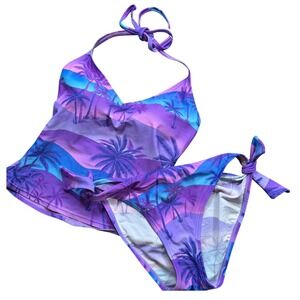 Y2K Ocean Dream Purple Tropical Palm Tree Glitter Halter One Piece Swimsuit
